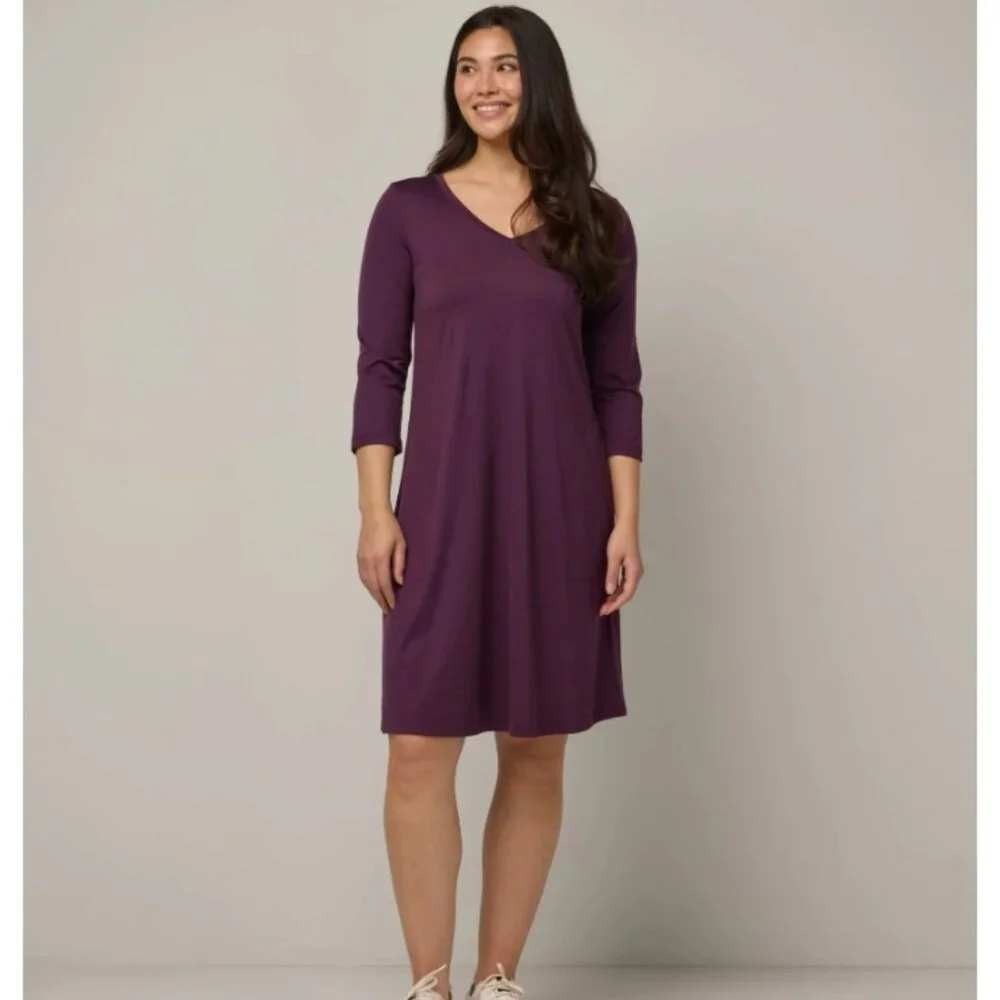 Wool& Willow Merino Wool Swing Dress Size M Purple V-Neck 3/4 Sleeve Pockets